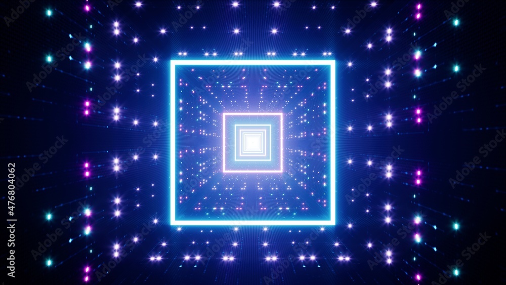 Obraz premium Neon Glittering Square Tunnel VJ Background 3D Render