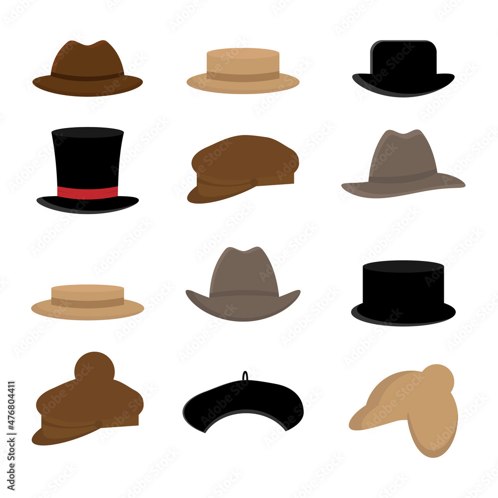 Collection of stylish men's hats of various types - hats, caps, caps isolated on white background. Colorful vector illustration in flat cartoon style