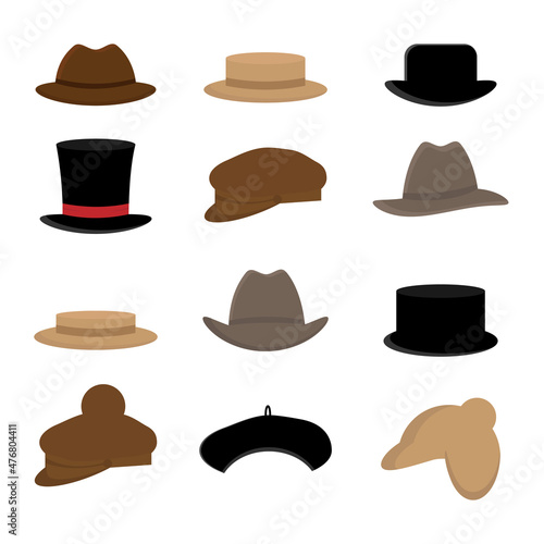 Obraz na płótnie Collection of stylish men's hats of various types - hats, caps, caps isolated on white background. Colorful vector illustration in flat cartoon style w salonie