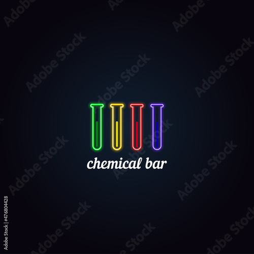 Vector illustration of chemical test flasks with neon effect on a dark background. Name Chemical Bar