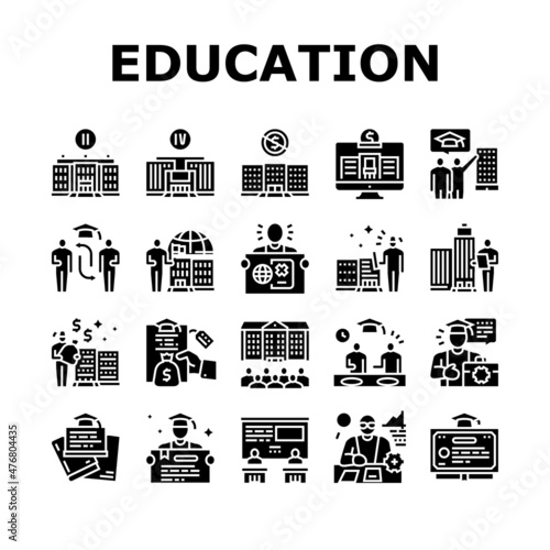 Higher Education And Graduation Icons Set Vector. Two And Four Year Higher Education In College University, Private Profit Institution And International Admission Glyph Pictograms Black Illustrations