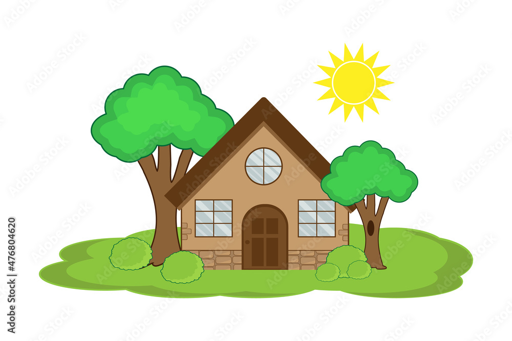 Front view of a house with nature elements on white background illustration