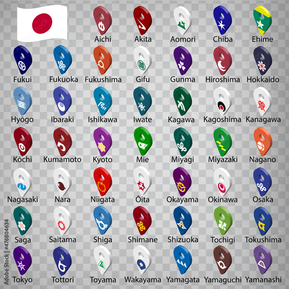 Forty seven flags the Prefectures of Japan alphabetical order with