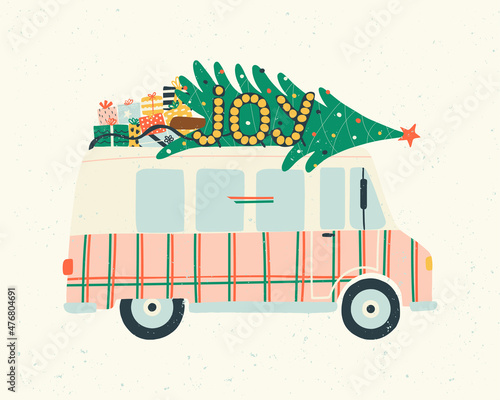 Greeting Postcard with retro car with a Christmas tree and gifts. Christmas truck with signboard lettering joy. Hand drawn vector illustration.