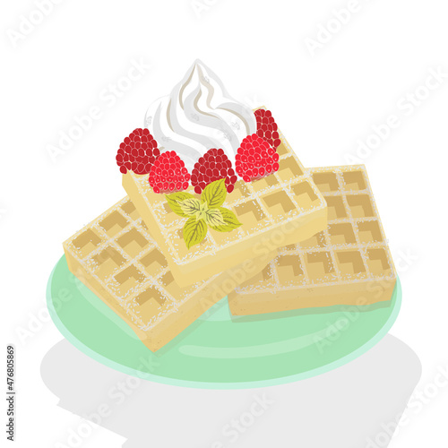 Seamless pattern: waffles with raspberries. Vector graphics
