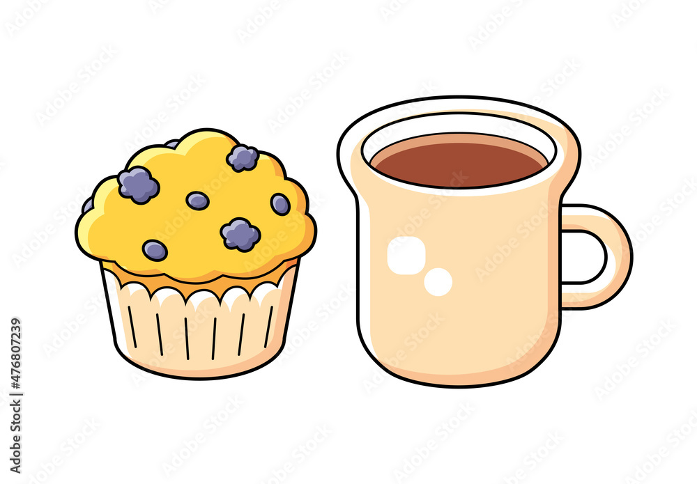 Coffee or tea cup and muffin isolated cartoon vector Coffee or tea cup and muffin isolated cartoon vector