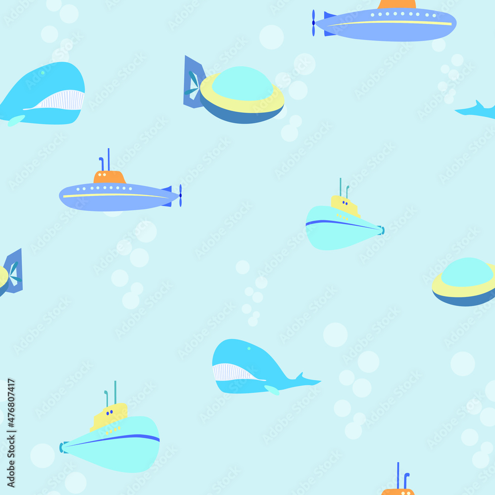 seamless pattern with the image of submarines and whales in children's cartoon style for prints on fabrics, packaging and for decorating the backgrounds of children's cards and interiors seamless pattern with the image of submarines and whales in children's cartoon style for prints on fabrics, packaging and for decorating the backgrounds of children's cards and interiors