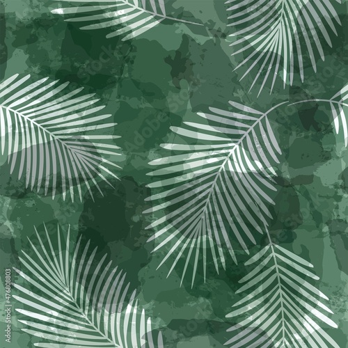 Tropical pattern, palm leaves seamless vector background. Exotic plant on watercolor stains artistic jungle print. Leaves of palm tree. brush texture