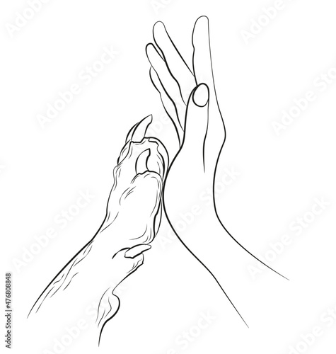 Image of friendship between human and a dog. Hand and paw. Vector. Can be used for tattooing 