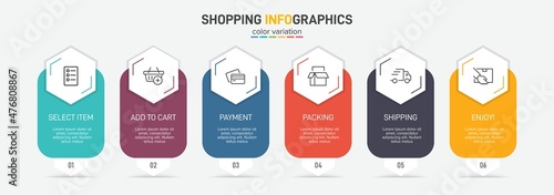 Concept of shopping process with 6 successive steps. Six colorful graphic elements. Timeline design for brochure, presentation, web site. Infographic design layout.