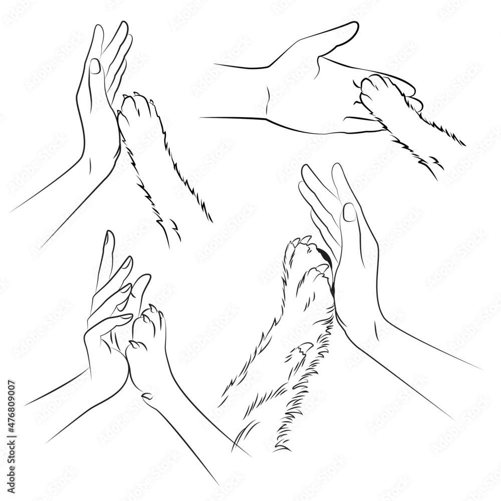 Human hand and dog paw. Set of outline drawings Human hand and dog paw. Set of outline drawings