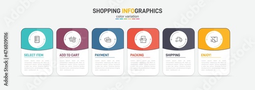 Concept of shopping process with 6 successive steps. Six colorful graphic elements. Timeline design for brochure, presentation, web site. Infographic design layout.