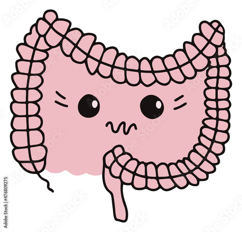 Simple gastrointestinal illustration of bowel internal system. Healthy gut concept. Unhappy abdominal cute expression. Human body parts in vector. For probiotics or gastroenterologist field.