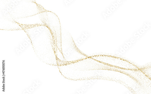 Abstract Gold Waves. Shiny golden lines design element with glitter effect on white background for greeting card and disqount voucher.