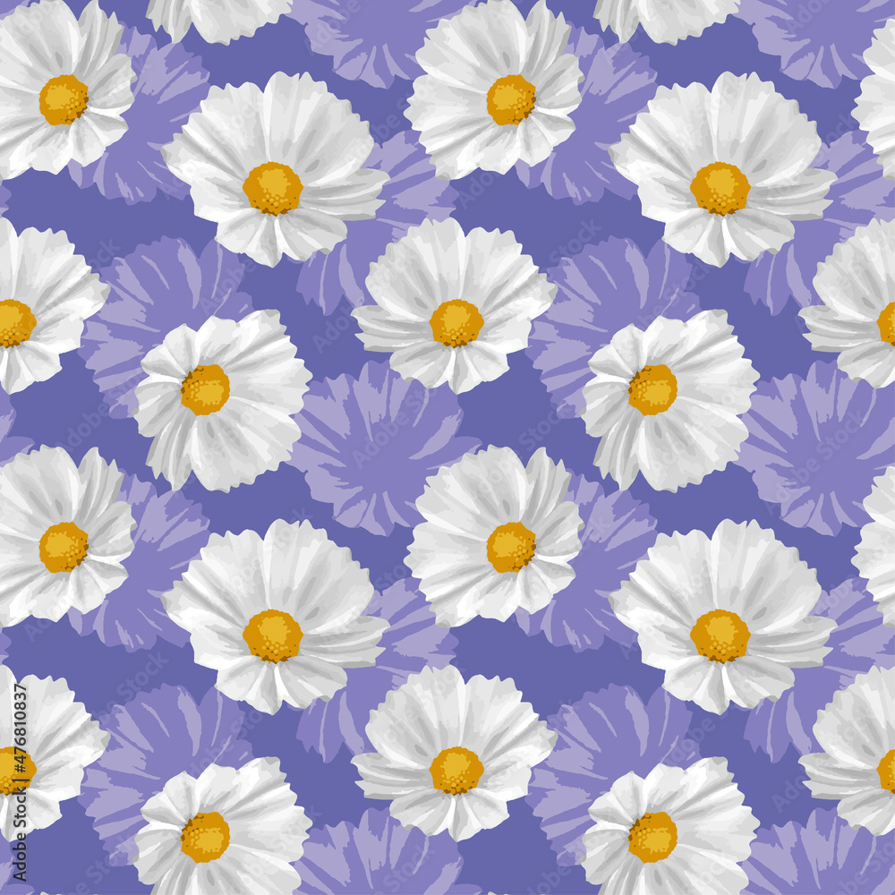 Seamless white flowers vector pattern, very peri color background. color of the year 2022