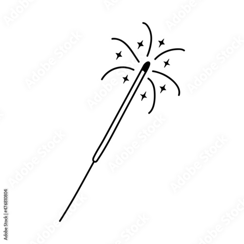 Hand drawn cartoon illustration of outline sparkler firework. Cute doodle simple bengal fire line art. Flat vector pyrotechnics, festive, celebration sticker, icon or print. Isolated.