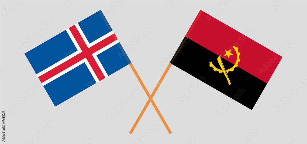 Crossed flags of Iceland and Angola. Official colors. Correct proportion