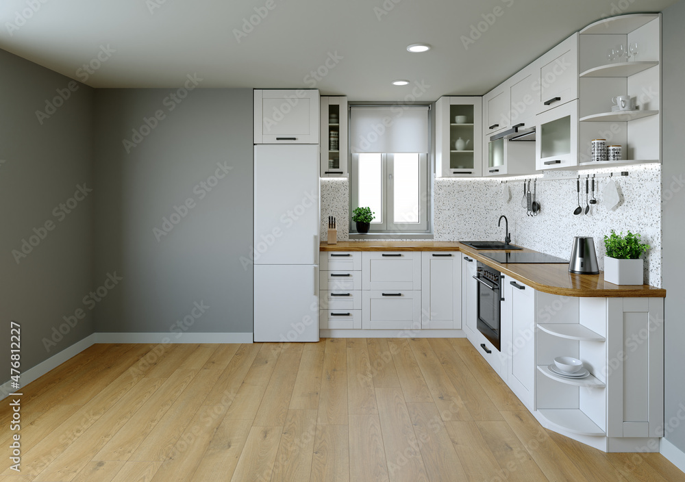 Kitchen interier. 3D rendering of a bright kitchen. Kitchen interier. 3D rendering of a bright kitchen.