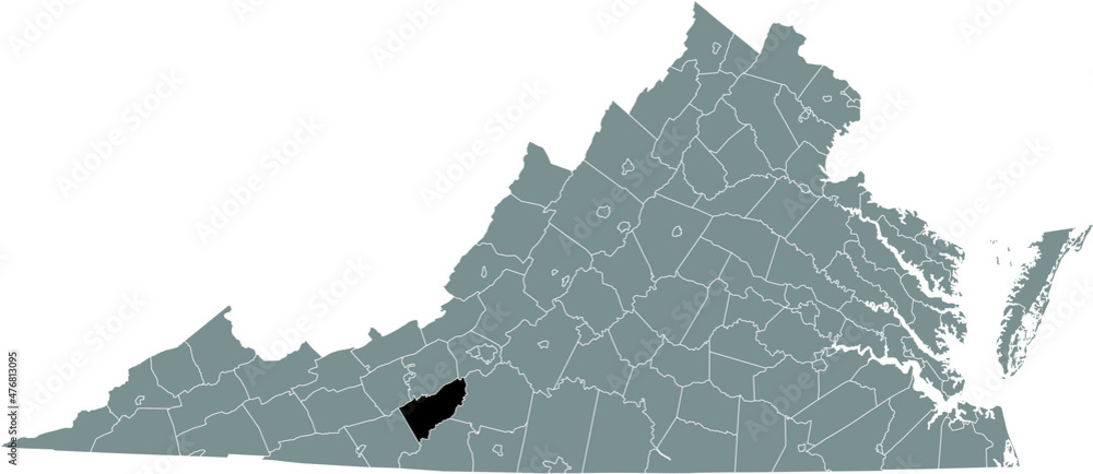 Black highlighted location map of the Floyd County inside gray administrative map of the Federal State of Virginia, USA Black highlighted location map of the Floyd County inside gray administrative map of the Federal State of Virginia, USA