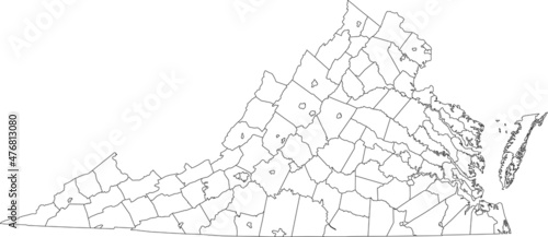 White blank vector administrative map of the Federal State of Virginia, USA with black borders of its counties