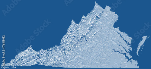 Topographic technical drawing relief map of the Federal State of Virginia, USA with white contour lines on blue background