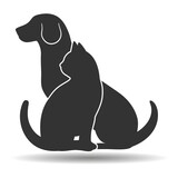 Illustration of a dog and a cat looking in one direction on a white background with a shadow