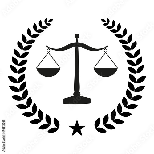 Illustration of scales of justice in a laurel wreath on a white background