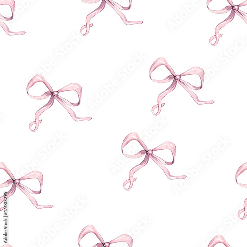 Watercolor Provence cute pink bow seamless pattern. Isolated on white background. Hand drawn illustration. For valentine or birthday cards, linen, textile, save the date, greetings design, wedding.