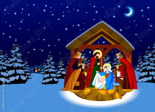 Christmas scene of the Nativity of Christ and the Adoration of the Magi in a night winter forest