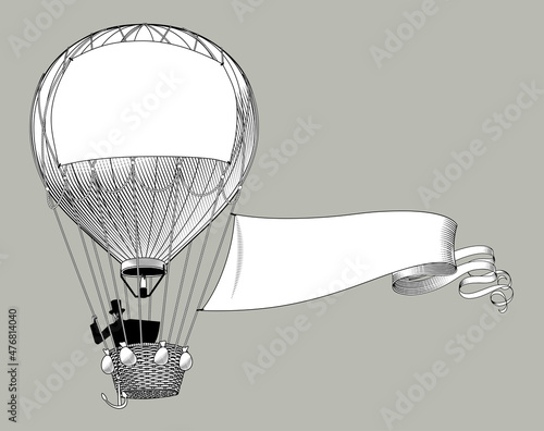 Balloon with man in wicker basket and banners