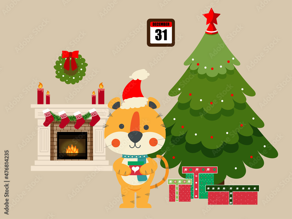 The symbol of the year tiger is waiting for the whole world at the Christmas tree The symbol of the year tiger is waiting for the whole world at the Christmas tree