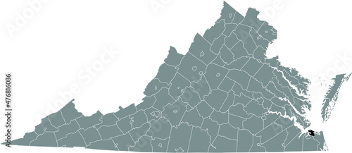 Black highlighted location map of the Norfolk independent city inside gray administrative map of the Federal State of Virginia, USA