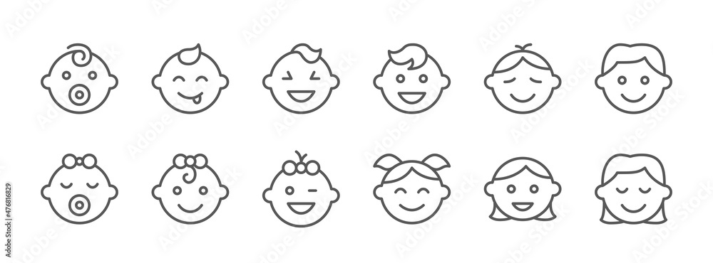 Vector icons of children of different ages, from infant to teenager different gender. Emoticon of life cycle: baby, child, young, adult. Vector icons of children of different ages, from infant to teenager different gender. Emoticon of life cycle: baby, child, young, adult.