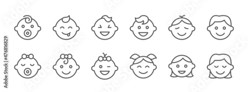 Vector icons of children of different ages, from infant to teenager different gender. Emoticon of life cycle: baby, child, young, adult.