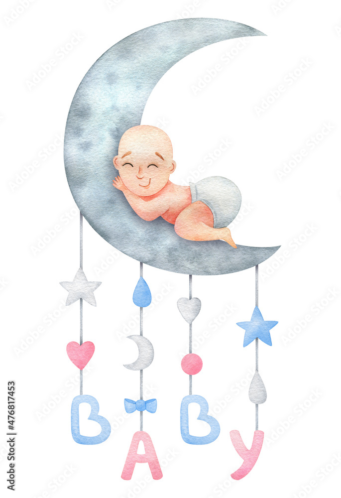 Cute illustration of a sleeping baby. Newborn gender neutral baby on