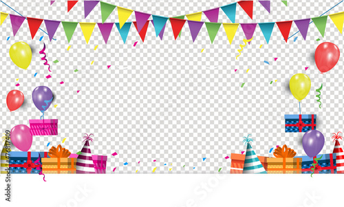 Happy birthday vector transparent background. colorful happy birthday border frame with confetti
