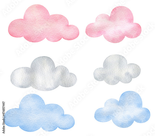 Watercolor clouds of gray, pale pink and blue isolated on a white background. Cute sky decor, children's-style clipart set