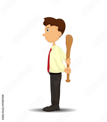 cartoon concept of angry businessman holding baseball stick