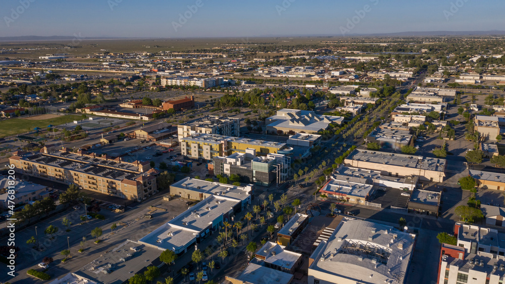Sunset aerial view of downtown and surrounding housing of Lancaster, California, USA.