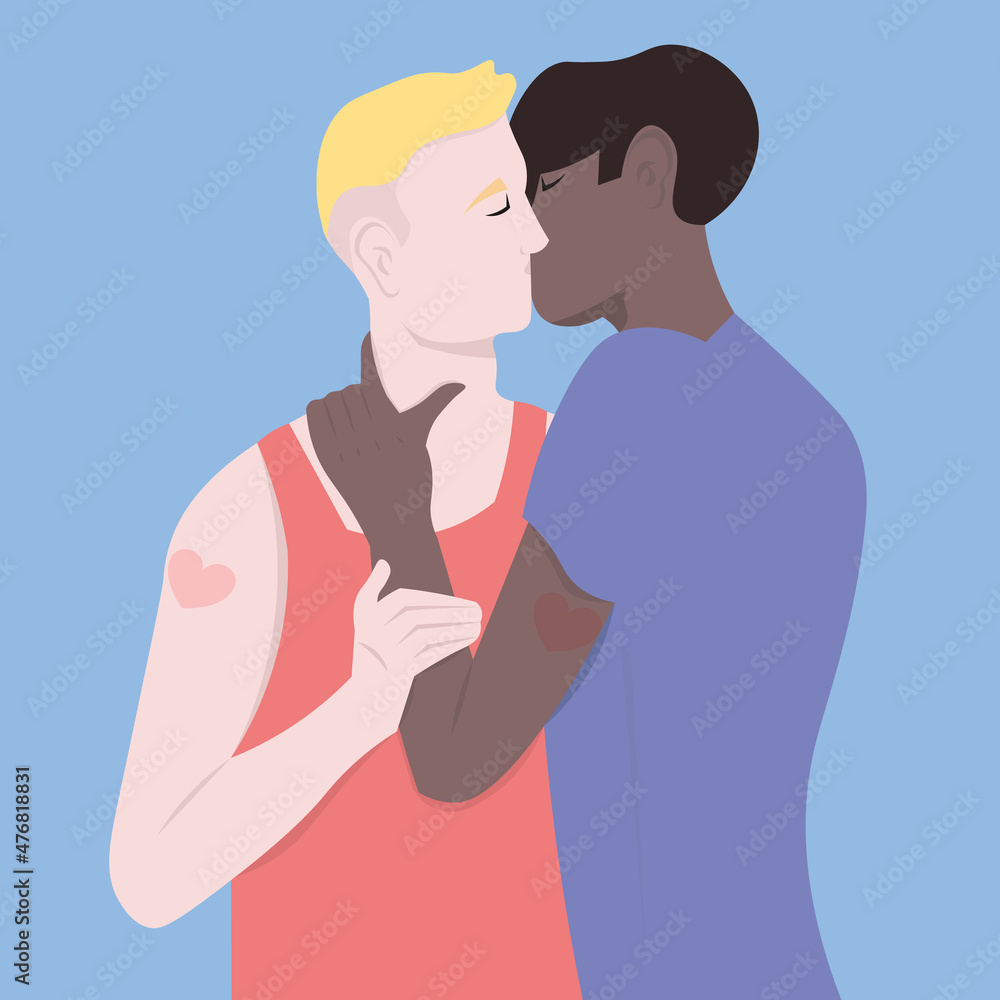LGBTQ love. Pride Month. internacional gay couple kissing. Two young men love each other. Vector flat illustration. Valentine's day. Love is love LGBTQ love. Pride Month. internacional gay couple kissing. Two young men love each other. Vector flat illustration. Valentine's day. Love is love