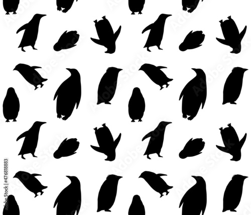 Vector seamless pattern of hand drawn penguins silhouette isolated on white background
