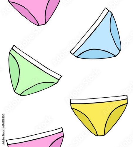 Vector seamless pattern of colored hand drawn doodle sketch panties isolated on white background