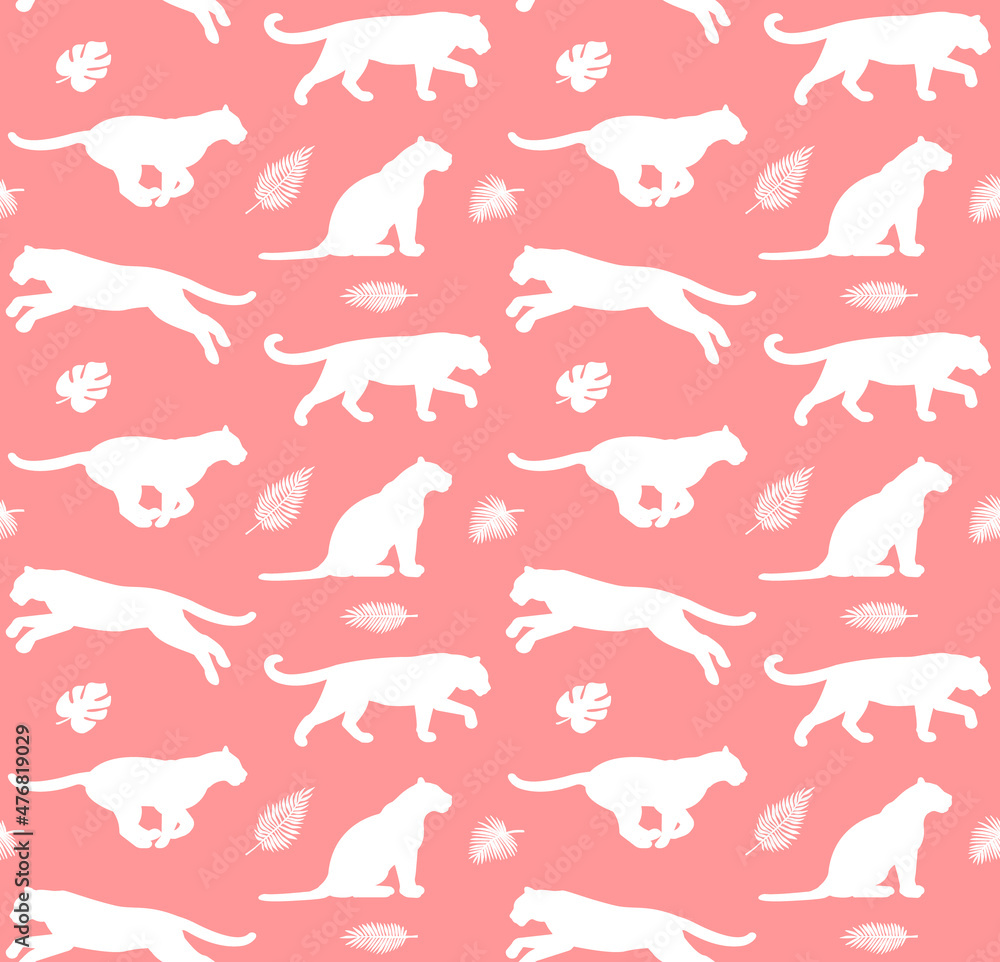 Vector seamless pattern of hand drawn flat tigers and palm leaves silhouette isolated on pink background Vector seamless pattern of hand drawn flat tigers and palm leaves silhouette isolated on pink background