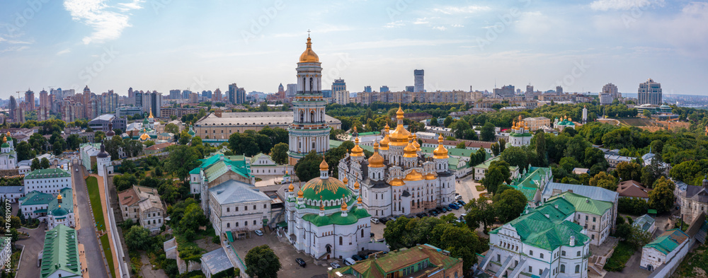 Magical aerial view of the Kiev Pechersk Lavra near the Motherland Monument. UNESCO world heritage in Kyiv, Ukraine. Kiev Monastery of the Caves.