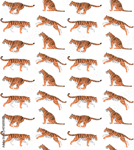 Vector seamless pattern of hand drawn flat tigers isolated on white background