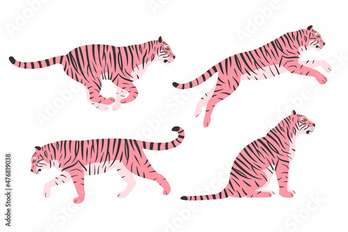 Vector set of hand drawn flat pink tigers isolated on white background