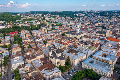 Fototapeta Naklejka Na Ścianę i Meble -  Beautiful aerial view of the Lviv city, historical city center, Ukraine, Western Ukraine. View of the Theatre of Opera and Ballet.