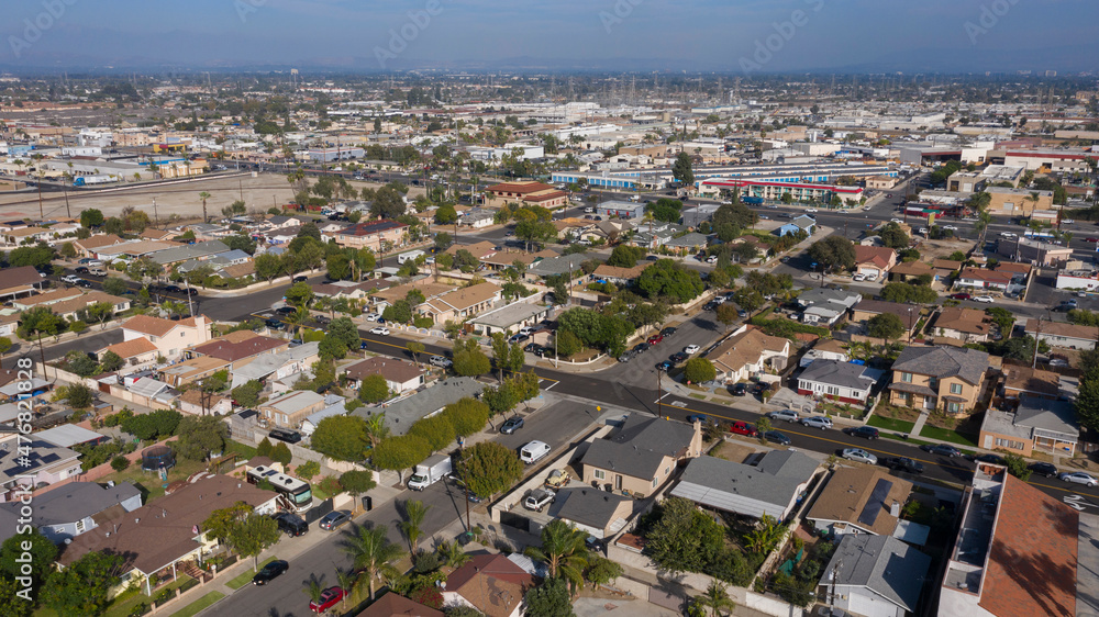 Daytime aerial view of the dense urban core of downtown Stanton, California, USA. Daytime aerial view of the dense urban core of downtown Stanton, California, USA.