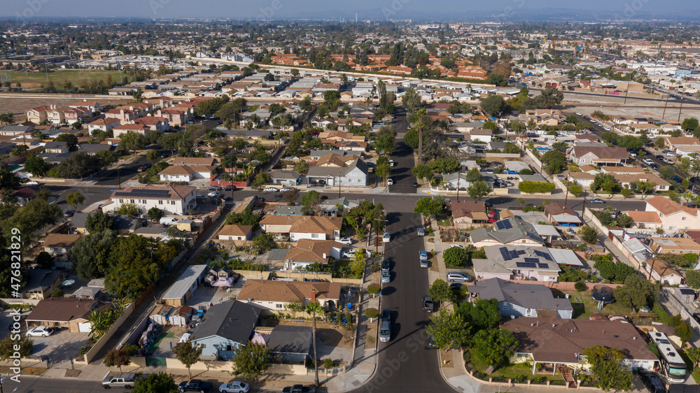 Daytime aerial view of the dense urban core of downtown Stanton, California, USA.