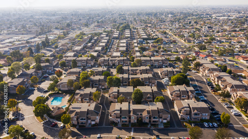 Daytime aerial view of the dense urban core of downtown Stanton, California, USA.